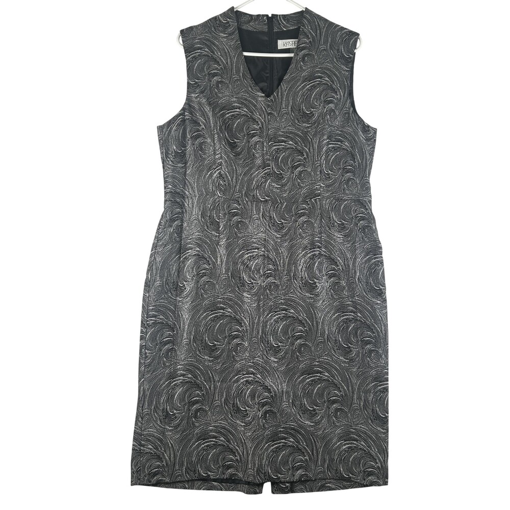 Kasper Dress Womens 14 Grey Jacquard Sheath Sleeveless V-Neck Lined Work Office